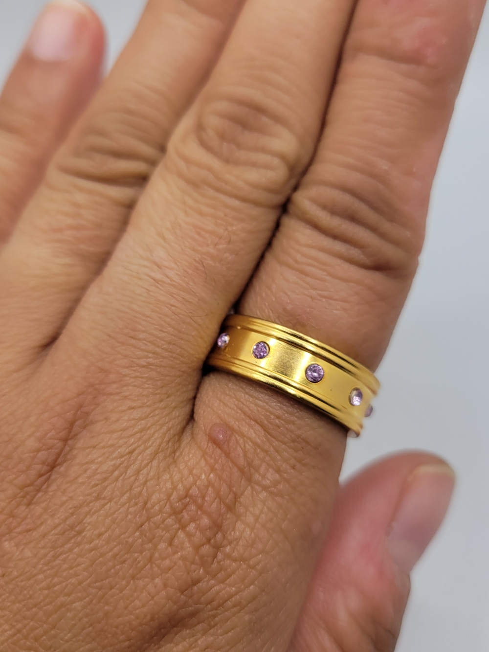 Gold-Tone Band Ring with Pink Accent Stones - Women's Jewelry